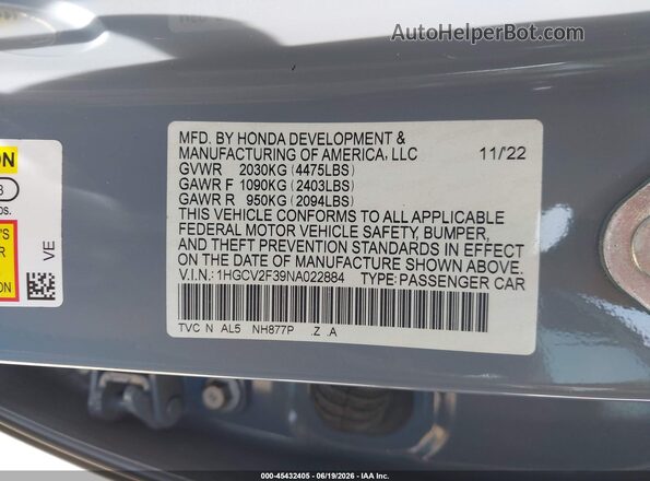 1HGCV2F39NA022884 2022 HONDA ACCORD Blue ძრავის განყოფილების ხედი