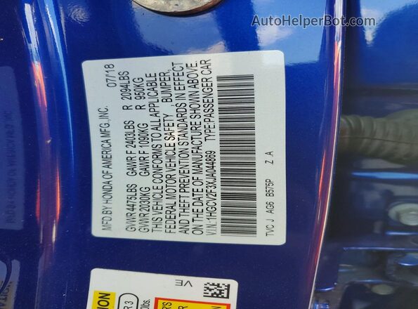 1HGCV2F3XJA044869 2018 HONDA ACCORD Blue 