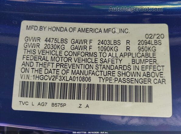 1HGCV2F3XLA010806 2020 HONDA ACCORD Blue Вид підкапотного простору