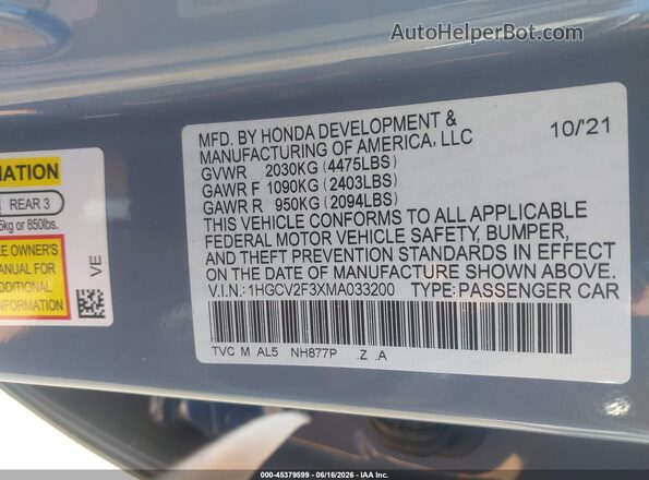 1HGCV2F3XMA033200 2021 HONDA ACCORD Gray Вид підкапотного простору