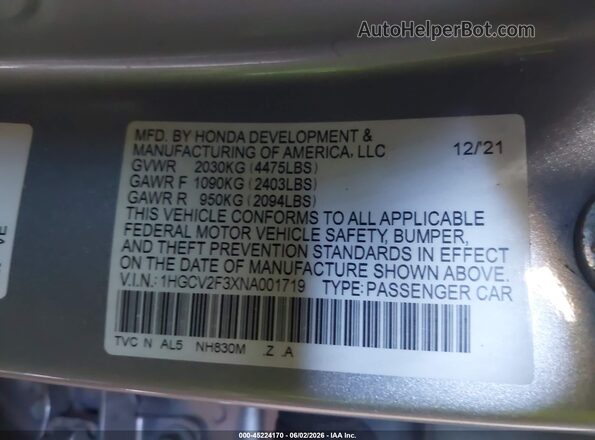 1HGCV2F3XNA001719 2022 HONDA ACCORD Silver Widok komory silnika