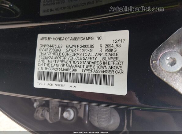 1HGCV2F51JA006206 2018 HONDA ACCORD Black Widok komory silnika
