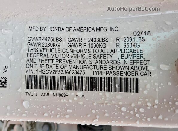 1HGCV2F53JA023475 2018 HONDA ACCORD White Vista del compartimento del motor