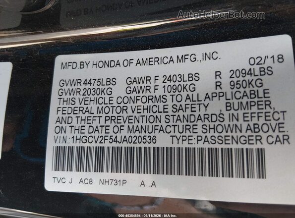1HGCV2F54JA020536 2018 HONDA ACCORD Black Engine compartment view