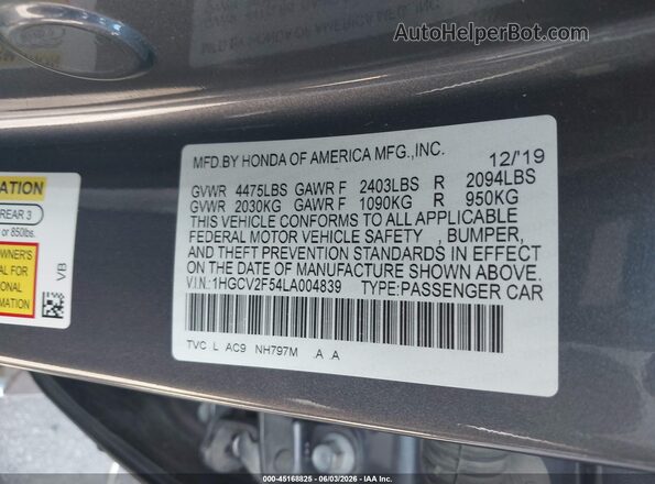1HGCV2F54LA004839 2020 HONDA ACCORD Gray Շարժիչի բաժամունքի տեսք
