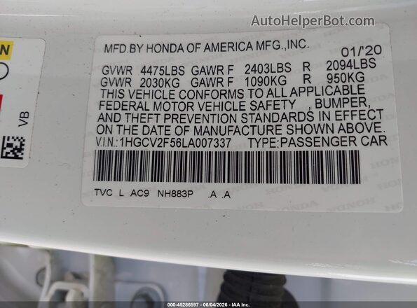 1HGCV2F56LA007337 2020 HONDA ACCORD White Engine compartment view