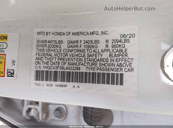 1HGCV2F56LA022288 2020 HONDA ACCORD White Widok komory silnika