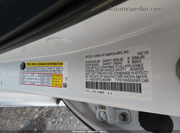 1HGCV2F57JA033961 2018 HONDA ACCORD Белый Вид подкапотного пространства