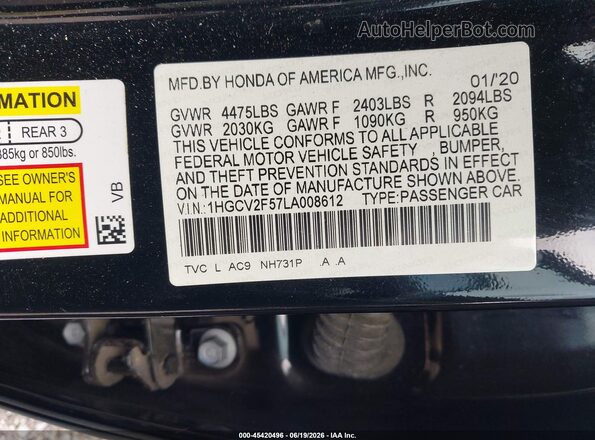 1HGCV2F57LA008612 2020 HONDA ACCORD Black Vista del compartimento del motor