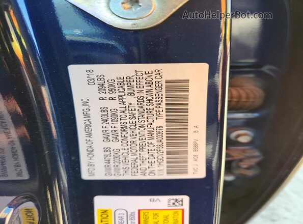 1HGCV2F58JA033676 2018 HONDA ACCORD Blue 