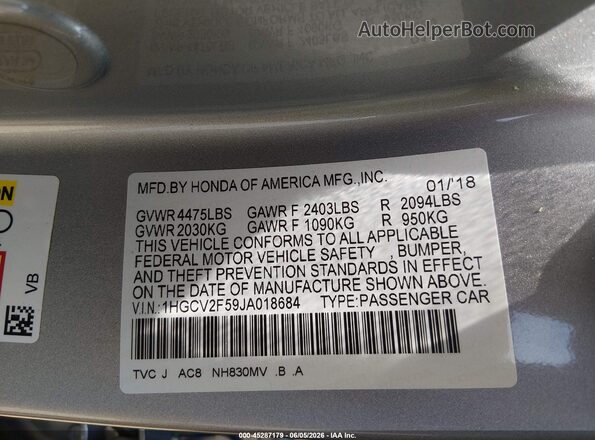 1HGCV2F59JA018684 2018 HONDA ACCORD Silver 