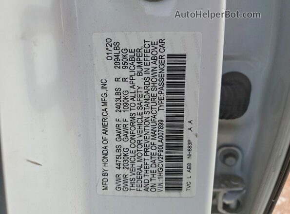 1HGCV2F90LA007899 2020 HONDA ACCORD White Вид наклейки з VIN-кодом