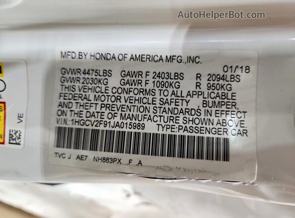 1HGCV2F91JA015989 2018 HONDA ACCORD White Շարժիչի բաժամունքի տեսք
