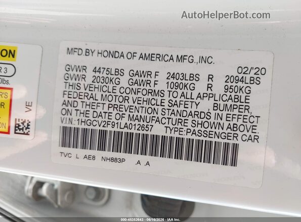 1HGCV2F91LA012657 2020 HONDA ACCORD White Вид підкапотного простору