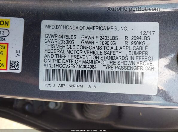 1HGCV2F92JA004984 2018 HONDA ACCORD Gray Vista del compartimento del motor