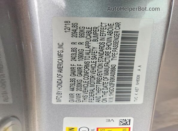 1HGCV2F93KA006843 2019 HONDA ACCORD Серебряный 