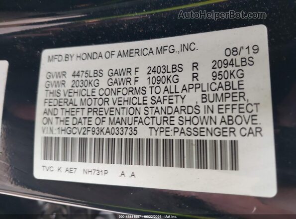 1HGCV2F93KA033735 2019 HONDA ACCORD Black ძრავის განყოფილების ხედი