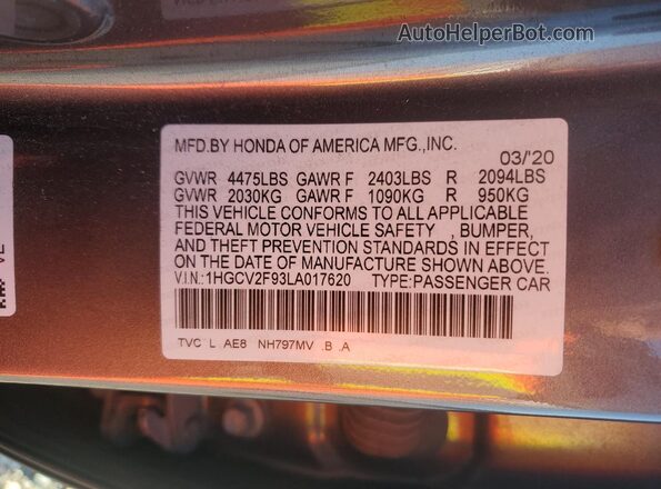 1HGCV2F93LA017620 2020 HONDA ACCORD Gray Vista del compartimento del motor