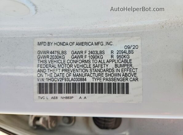 1HGCV2F93LA030884 2020 HONDA ACCORD White Вид підкапотного простору
