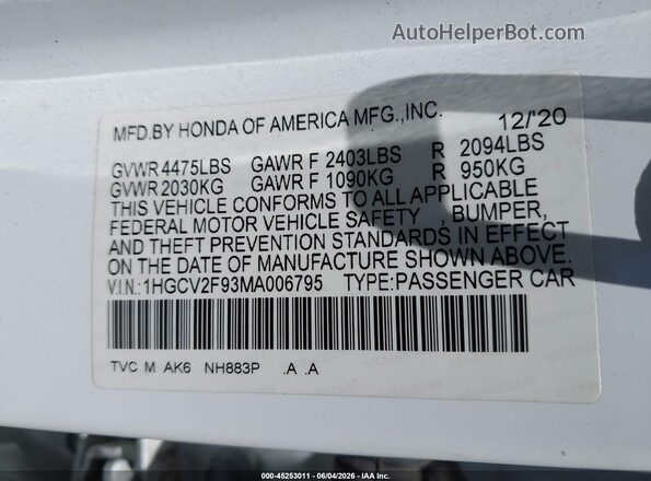 1HGCV2F93MA006795 2021 HONDA ACCORD White Вид підкапотного простору