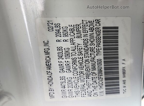 1HGCV2F93MA010930 2021 HONDA ACCORD White VIN կոդի պիտակի տեսք