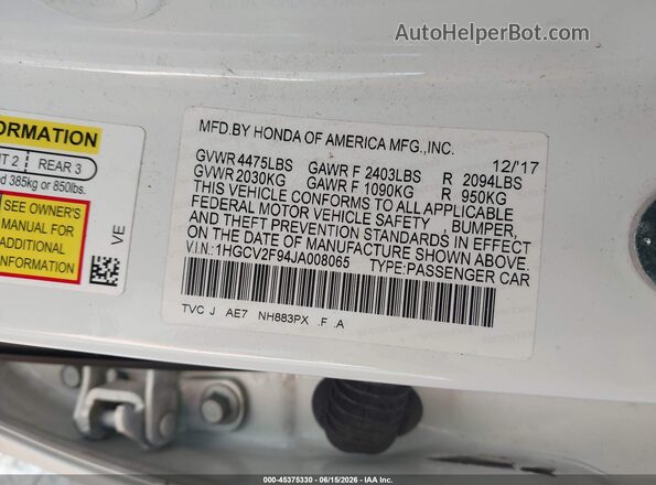 1HGCV2F94JA008065 2018 HONDA ACCORD White ძრავის განყოფილების ხედი