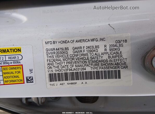 1HGCV2F94JA031264 2018 HONDA ACCORD White Widok komory silnika