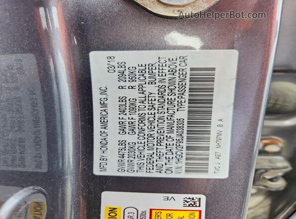 1HGCV2F95JA038305 2018 HONDA ACCORD Gray Вид підкапотного простору