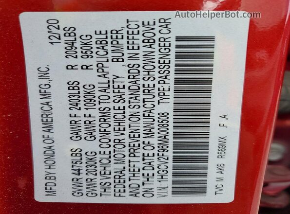 1HGCV2F96MA008508 2021 HONDA ACCORD Red VIN կոդի պիտակի տեսք