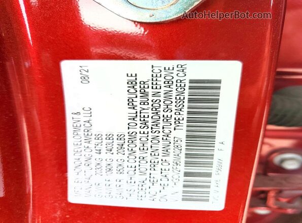 1HGCV2F96MA028757 2021 HONDA ACCORD Red Vista del compartimento del motor