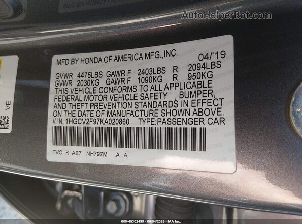 1HGCV2F97KA020860 2019 HONDA ACCORD Gray Widok komory silnika