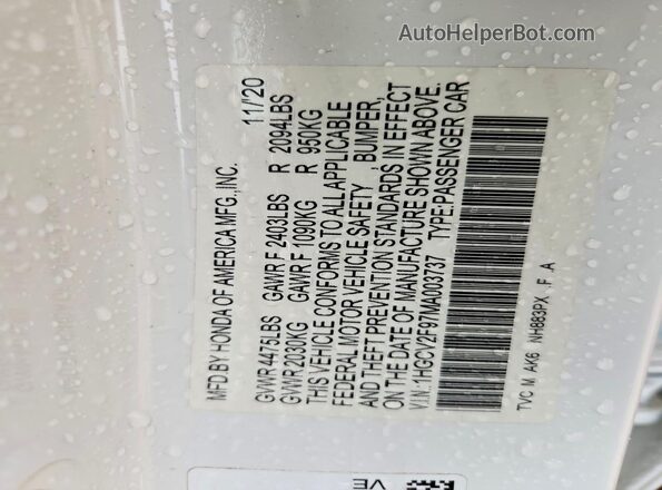 1HGCV2F97MA003737 2021 HONDA ACCORD White 