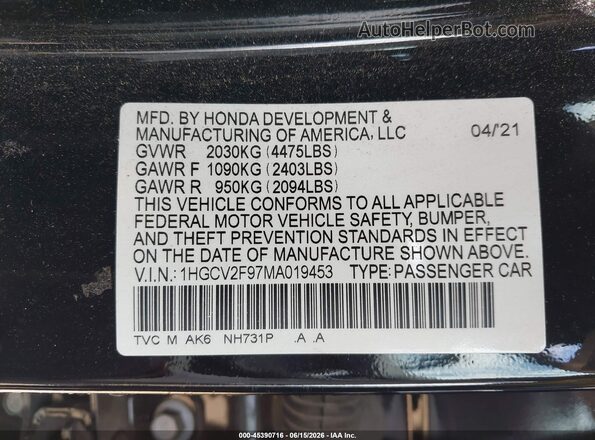 1HGCV2F97MA019453 2021 HONDA ACCORD Black Շարժիչի բաժամունքի տեսք