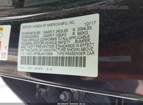 1HGCV2F98JA010904 2018 HONDA ACCORD Black Vista del compartimento del motor
