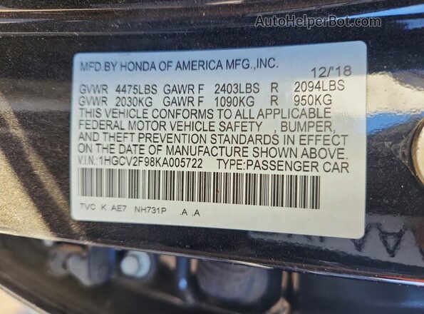 1HGCV2F98KA005722 2019 HONDA ACCORD Black Widok komory silnika