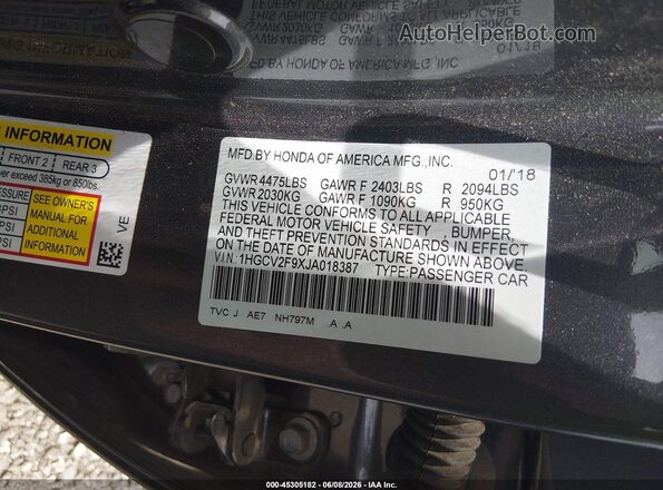 1HGCV2F9XJA018387 2018 HONDA ACCORD Gray Вид підкапотного простору