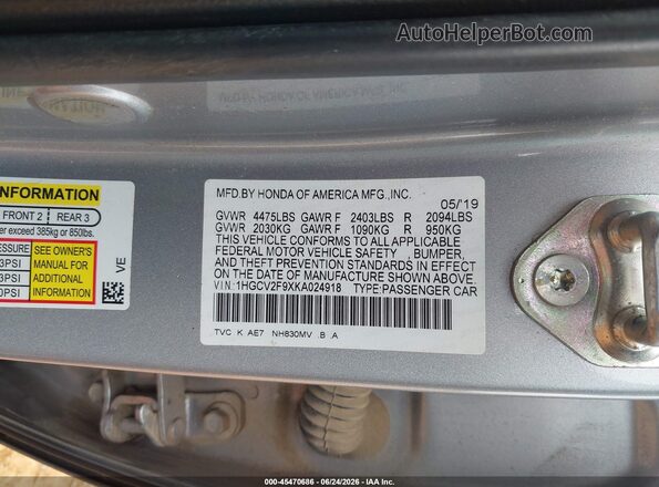 1HGCV2F9XKA024918 2019 HONDA ACCORD Silver Engine compartment view