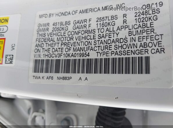 1HGCV3F10KA019954 2019 HONDA ACCORD HYBRID White Շարժիչի բաժամունքի տեսք