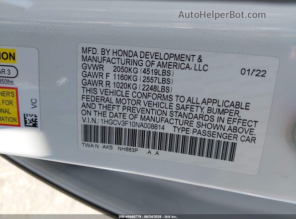 1HGCV3F10NA008814 2022 HONDA ACCORD White ძრავის განყოფილების ხედი
