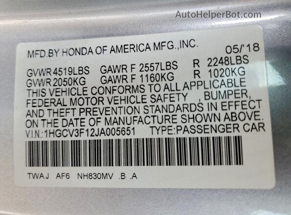 1HGCV3F12JA005651 2018 HONDA ACCORD Серебряный Вид подкапотного пространства