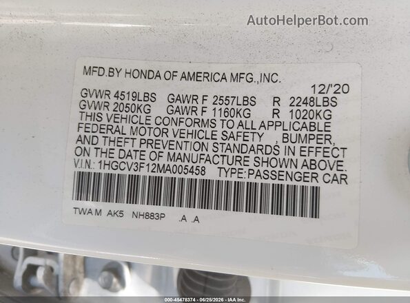 1HGCV3F12MA005458 2021 HONDA ACCORD White Շարժիչի բաժամունքի տեսք