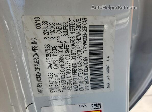 1HGCV3F13JA000376 2018 HONDA ACCORD White Widok komory silnika