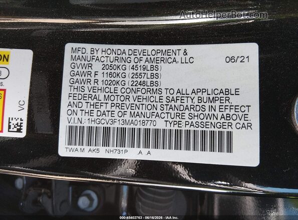 1HGCV3F13MA018770 2021 HONDA ACCORD Black Vista del compartimento del motor