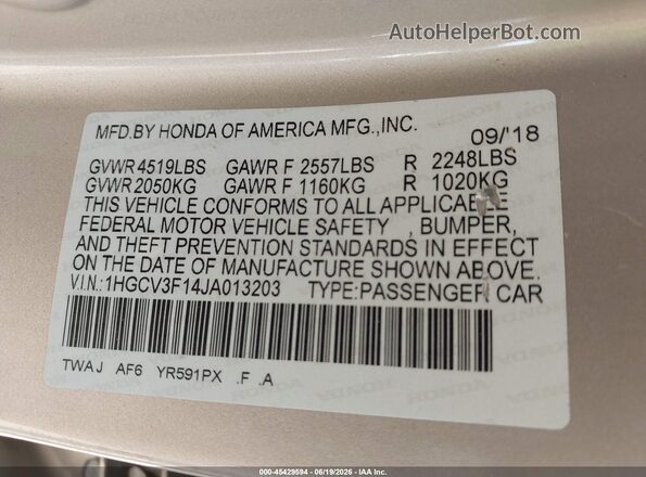 1HGCV3F14JA013203 2018 HONDA ACCORD Beige Вид підкапотного простору