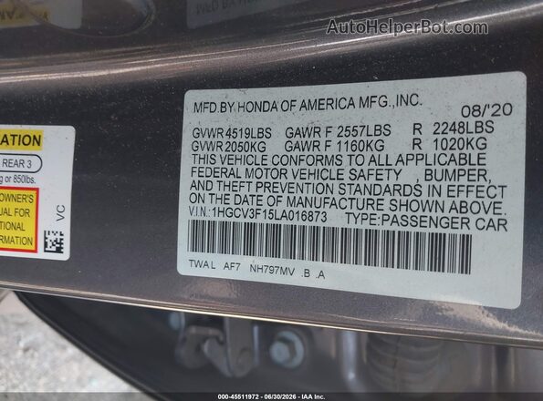 1HGCV3F15LA016873 2020 HONDA ACCORD Gray ძრავის განყოფილების ხედი