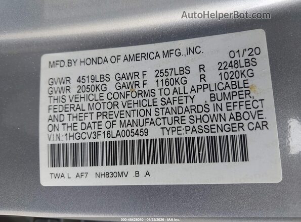 1HGCV3F16LA005459 2020 HONDA ACCORD Silver ძრავის განყოფილების ხედი