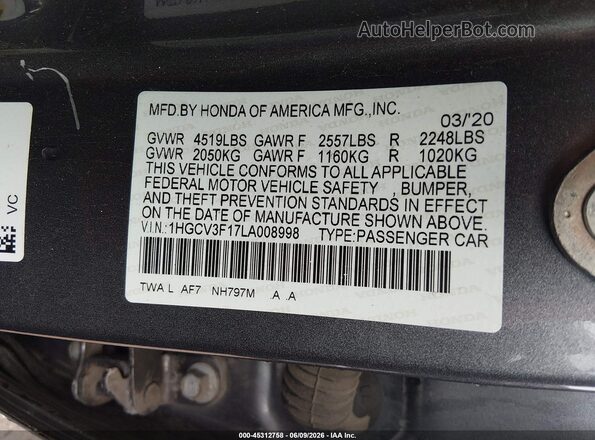 1HGCV3F17LA008998 2020 HONDA ACCORD Серый 