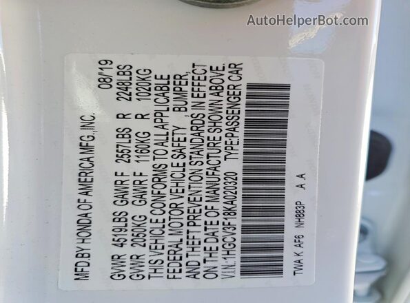1HGCV3F18KA020320 2019 HONDA ACCORD White Вид підкапотного простору