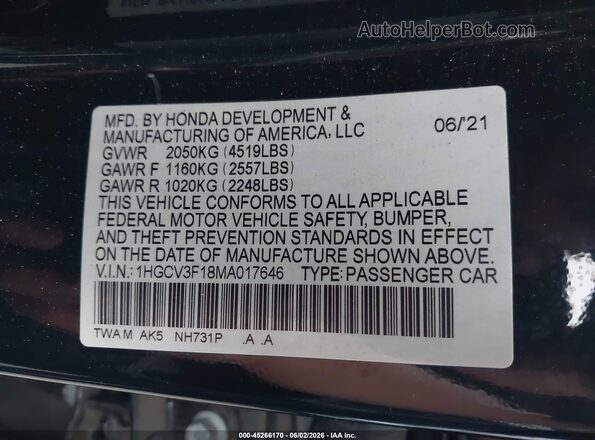 1HGCV3F18MA017646 2021 HONDA ACCORD HYBRID Black Vista del compartimento del motor