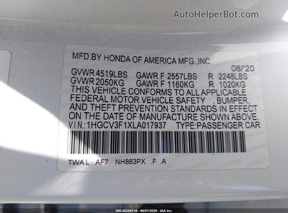 1HGCV3F1XLA017937 2020 HONDA ACCORD HYBRID White 